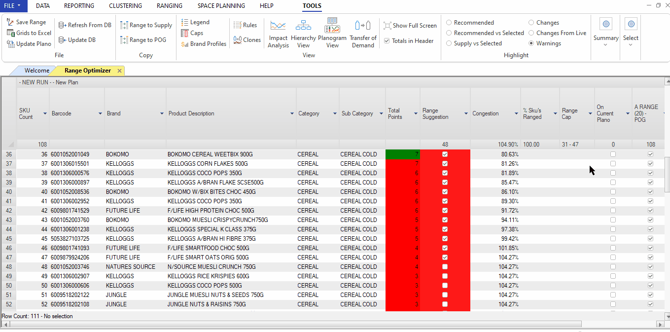Browsing Range Suggestions In DotActiv Range Optimizer Results Grid