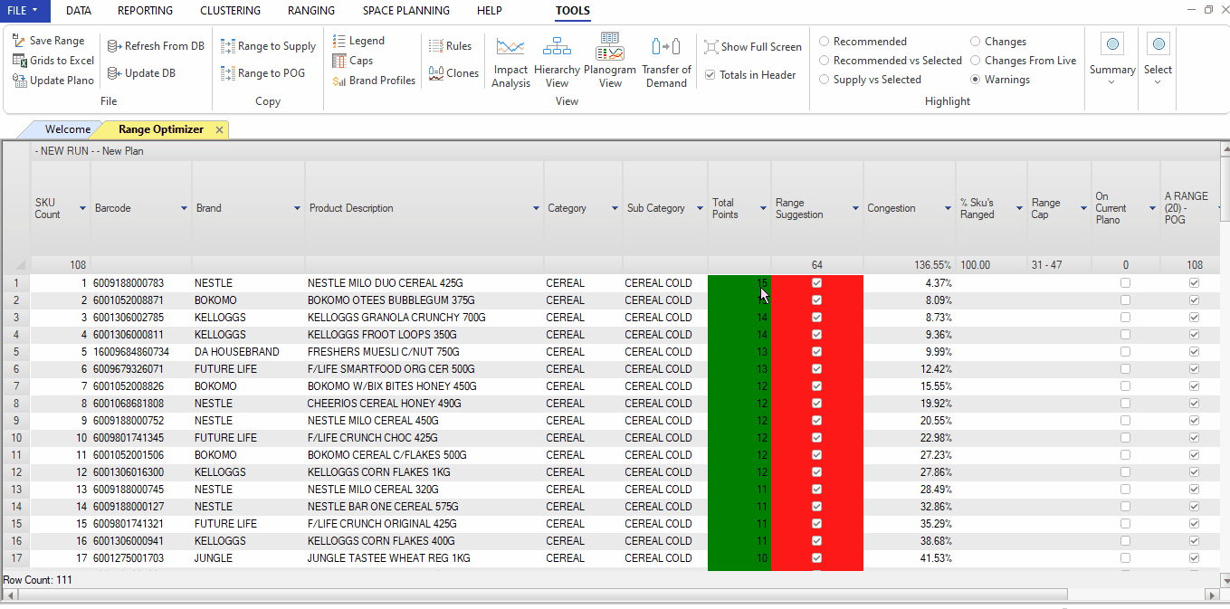 Browsing The DotActiv Range Optimizer Results Grid