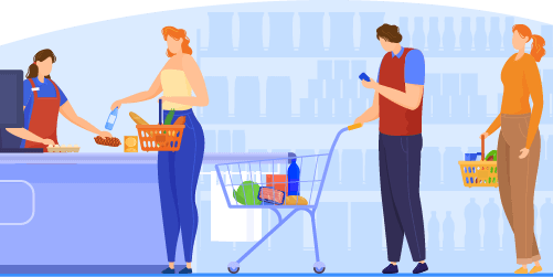 Customers Standing In A Queue At The Shops Waiting To Pay