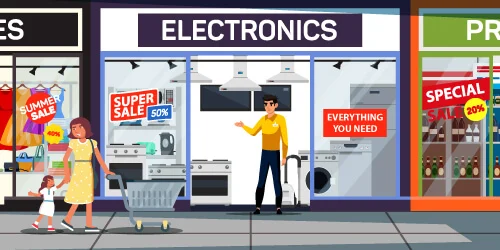 Shop assistant attempting to invite a customer into their store to buy his products.