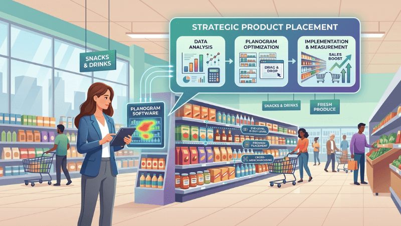 Illustration of strategic product placement in a retail store using planogram tools